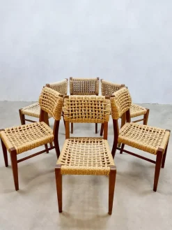 Pamono Vintage Woven Rope Dining Chairs by Adrien Audoux & Frida Minet, 1940s, Set of 6><noscript><img width=