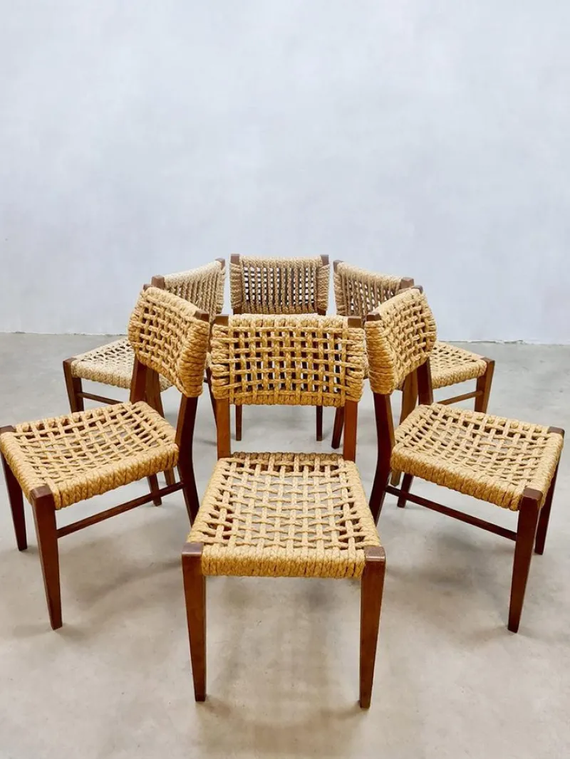 Pamono Vintage Woven Rope Dining Chairs by Adrien Audoux & Frida Minet, 1940s, Set of 6> Side Chairs & Dining Chairs