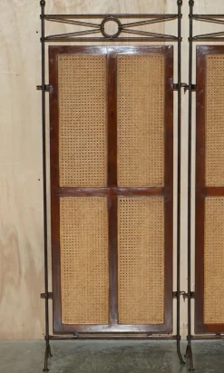 Pamono Vintage Wrought Iron, Bergere & Hardwood Triple Panel Room Divider><noscript><img width=