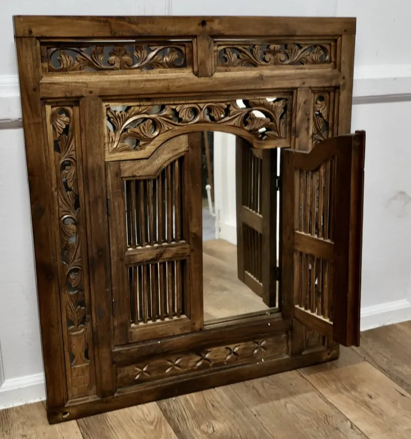Discount Pamono Wall Mirror Concealed by Heavy Carved Teak Door Shutters, 1890s
