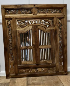 Discount Pamono Wall Mirror Concealed by Heavy Carved Teak Door Shutters, 1890s