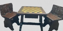 Pamono Walnut Chess Table with Hand-Carved Figures, Spain, 1960s, Set of 3> Game Tables