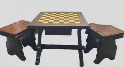 Pamono Walnut Chess Table with Hand-Carved Figures, Spain, 1960s, Set of 3> Game Tables