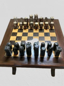 Pamono Walnut Chess Table with Hand-Carved Figures, Spain, 1960s, Set of 3><noscript><img width=