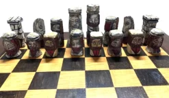 Pamono Walnut Chess Table with Hand-Carved Figures, Spain, 1960s, Set of 3><noscript><img width=