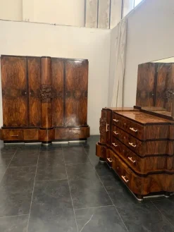 Pamono Walnut Furniture with Carvings in the style of Ducrot, 1920s, Set of 8><noscript><img width=