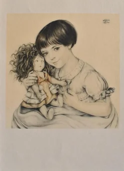 Clearance Pamono Walter Sauer, Portrait of a Child and Her Doll, Signed Engraving