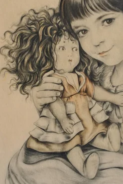Clearance Pamono Walter Sauer, Portrait of a Child and Her Doll, Signed Engraving
