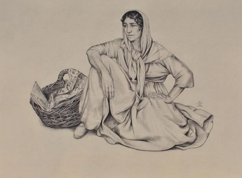 Pamono Walter Sauer, Seated Gypsy Woman, Signed Engraving> Prints & Multiples