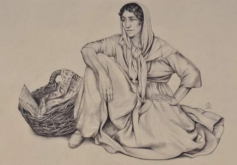 Pamono Walter Sauer, Seated Gypsy Woman, Signed Engraving> Prints & Multiples