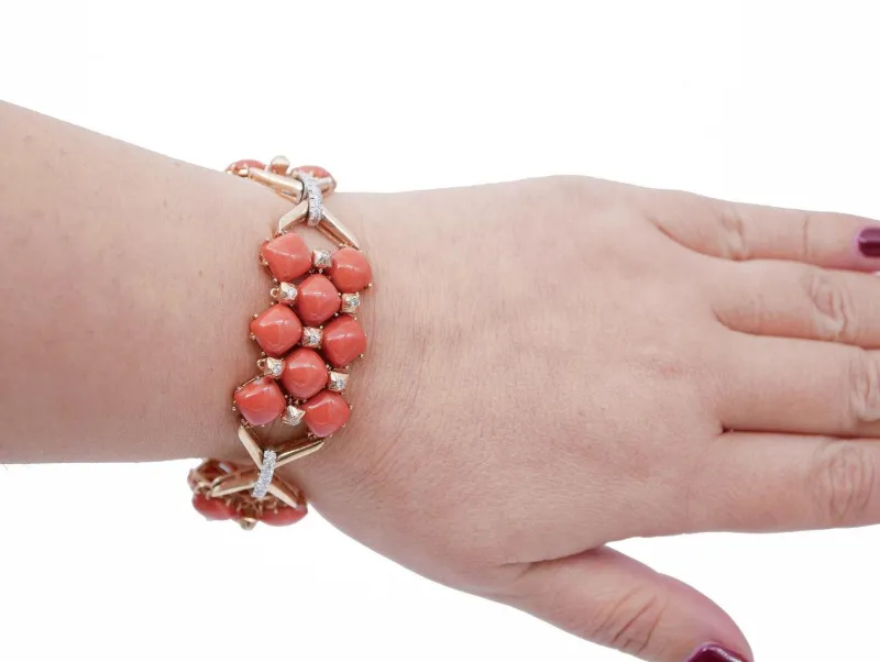 Clearance Pamono White and Rose Gold Bracelet with Coral and Diamonds