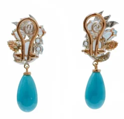 Pamono White Gold and Rose Gold Earrings with Turquoise, Topazs and Diamonds, Set of 2><noscript><img width=