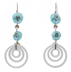 Pamono White Gold and Rose Gold Earrings with Turquoise, White Agate and Diamonds, Set of 2><noscript><img width=