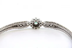 Best Pamono White Gold Bracelet with Herringbone-Shaped Links, Central Rosette with Emerald and Brilliant-Cut Diamonds