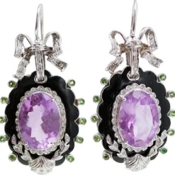 Pamono White Gold Earrings with Amethysts, Tsavorite, Diamonds and Enamel, Set of 2> Earrings