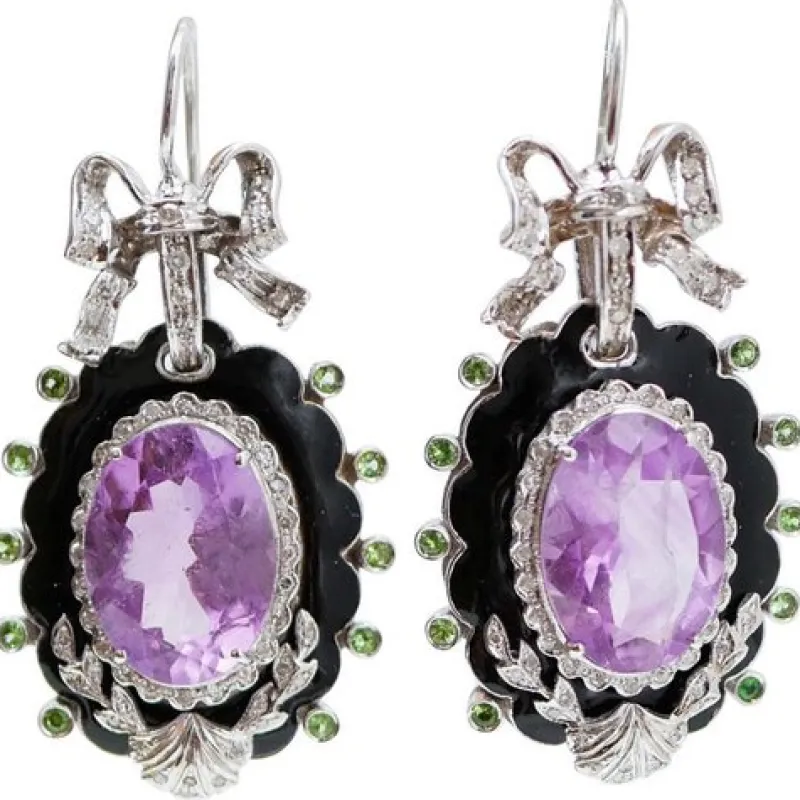 Pamono White Gold Earrings with Amethysts, Tsavorite, Diamonds and Enamel, Set of 2> Earrings