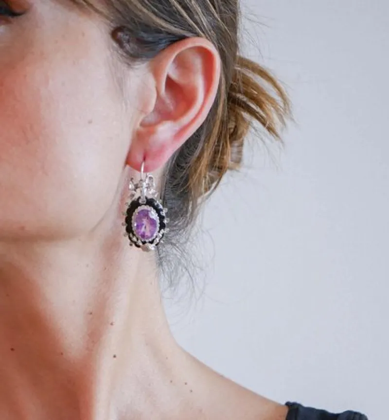Pamono White Gold Earrings with Amethysts, Tsavorite, Diamonds and Enamel, Set of 2> Earrings