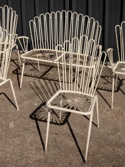 Discount Pamono White Painted Wrought Iron and Metal Bistro Chairs and Sofa in the style of Mathieu Matégot, France, 1950s, Set of 5