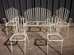 Discount Pamono White Painted Wrought Iron and Metal Bistro Chairs and Sofa in the style of Mathieu Matégot, France, 1950s, Set of 5