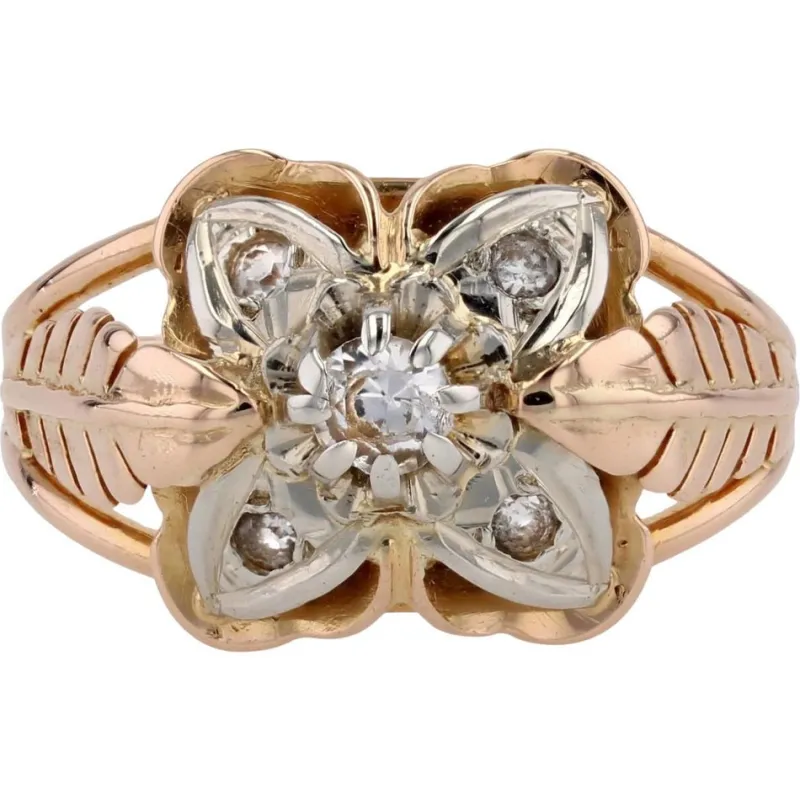 Pamono White Sapphires and 18 Karat Rose Gold Feather Clover Ring, 1960s> Rings