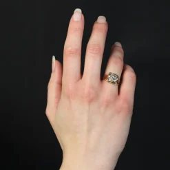 Pamono White Sapphires and 18 Karat Rose Gold Feather Clover Ring, 1960s><noscript><img width=