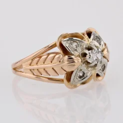 Pamono White Sapphires and 18 Karat Rose Gold Feather Clover Ring, 1960s><noscript><img width=