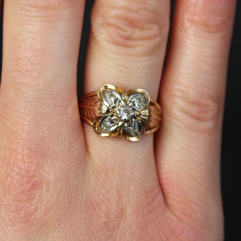 Pamono White Sapphires and 18 Karat Rose Gold Feather Clover Ring, 1960s> Rings