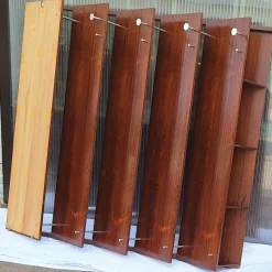 Pamono Wide German Teak Wall Coat Rack with Chrome-Plated Metal Hooks, Small Integrated Shelf and Removable Mirror, 1970s><noscript><img width=