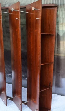 Pamono Wide German Teak Wall Coat Rack with Chrome-Plated Metal Hooks, Small Integrated Shelf and Removable Mirror, 1970s><noscript><img width=