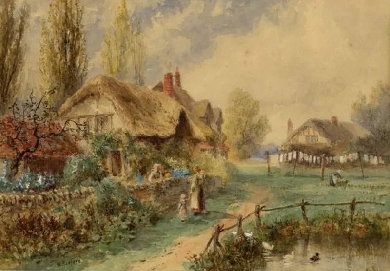 Hot Pamono William Henry Harford, Thatched Cottage Scene, Early 20th Century, Watercolour
