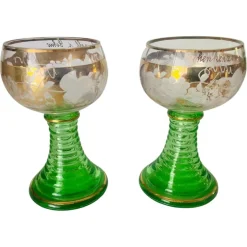 Pamono Wine Glasses in Green Gilt Color, France, 1940s, Set of 2