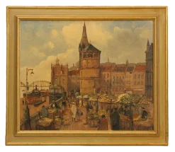 Hot Pamono Wolfgang Hütten, Market at Burgplatz, 1993, Oil on Canvas, Framed
