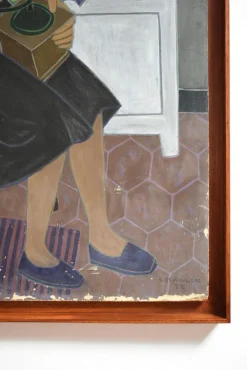 Hot Pamono Woman's Portrait Grinding Pepper, 1950s, Oil on Board, Framed