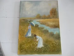 Hot Pamono Women in the Meadow Collecting Flowers, 1800s, Oil on Canvas