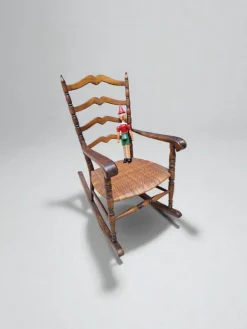 Hot Pamono Wood and Straw Childs Rocking Chair, Italy, 1950s