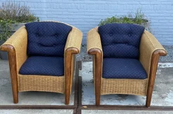 Pamono Wood and Wicker Armchairs, 1980s, Set of 2><noscript><img width=