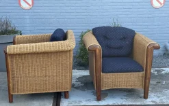 Pamono Wood and Wicker Armchairs, 1980s, Set of 2><noscript><img width=