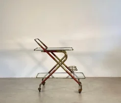 Pamono Wooden and Brass Bar Trolley by Cesare Lacca, 1960s><noscript><img width=