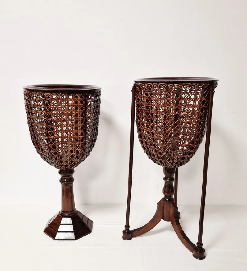 New Pamono Wooden and Vienna Straw Flowerpot, 1960s, Set of 2