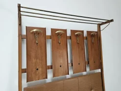 Pamono Wooden Wall Coat in Skai with Brass Hangers, 1950s> Racks, Hooks & Valets