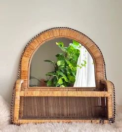 Pamono Woven Rattan and Wicker Shelf Mirror in the style of Emmanuelle, Spain, 1970s> Mirrors