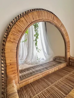 Pamono Woven Rattan and Wicker Shelf Mirror in the style of Emmanuelle, Spain, 1970s><noscript><img width=