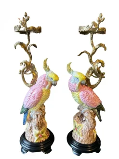 Pamono Yellow and Pink Porcelain and Bronze Parrot Candlesticks by Gand & C, Set of 2> Tabletop