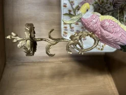 Pamono Yellow and Pink Porcelain and Bronze Parrot Candlesticks by Gand & C, Set of 2><noscript><img width=