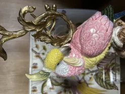 Pamono Yellow and Pink Porcelain and Bronze Parrot Candlesticks by Gand & C, Set of 2><noscript><img width=