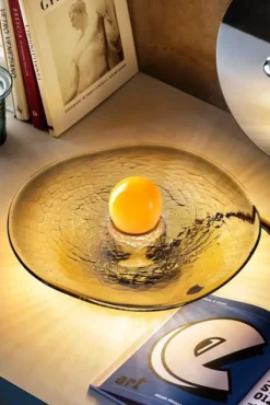 Outlet Pamono Yellow Glass Sphere on Swirling Marbled Smokey Grey Glass Base by Aina Kari