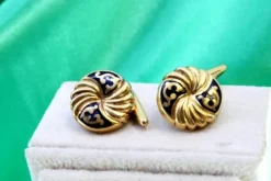 Pamono Yellow Gold Button-Shaped Cufflinks with Enamelled Applications, Set of 2> Cufflinks