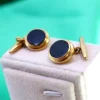 Clearance Pamono Yellow Gold Cufflinks with Circular Onyx and Surrounding Strips, Set of 2