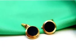 Clearance Pamono Yellow Gold Cufflinks with Circular Onyx and Surrounding Strips, Set of 2