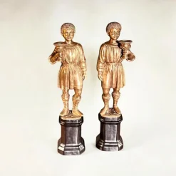 New Pamono Youth Candlesticks in Brass on Black Porcelain Bases, 1920s, Set of 2